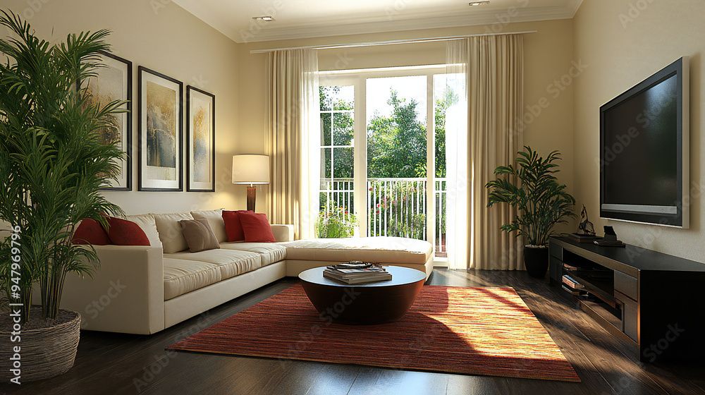 Modern white sofa with a selection of pastel colored pillows in a cozy small living room Modern white sofa with a selection of pastel colored pillows in a cozy small living room