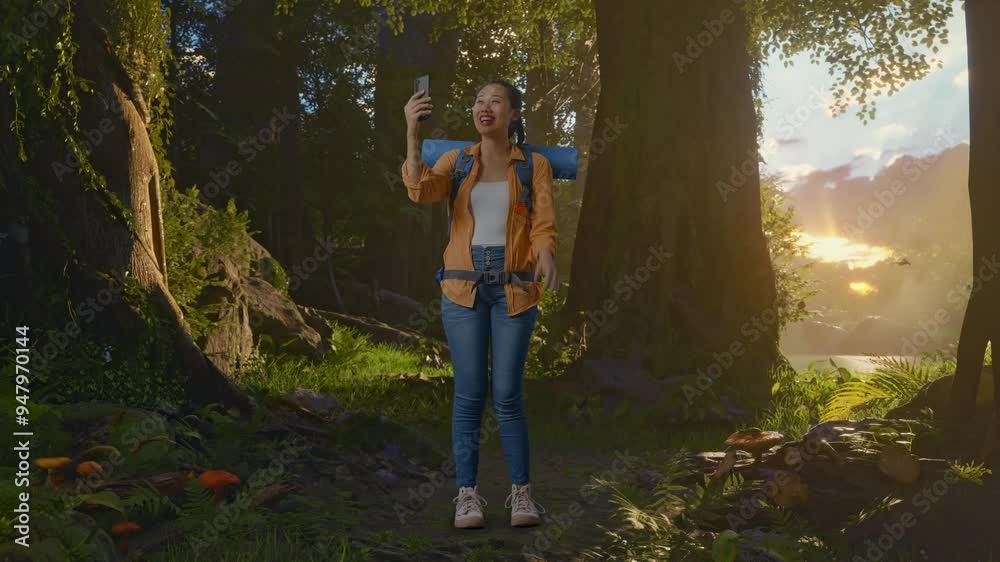 Full Body Of Asian Female Hiker With Mountaineering Backpack Waving Her Hand And Having A Video Call On Smartphone While Exploring Forest Nature Full Body Of Asian Female Hiker With Mountaineering Backpack Waving Her Hand And Having A Video Call On Smartphone While Exploring Forest Nature