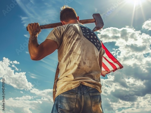 Attractive man holding a sledgehammer and a US Flag in his hands and looking into the distance against a background of trees, blue sky and the rays of the setting sun. photo