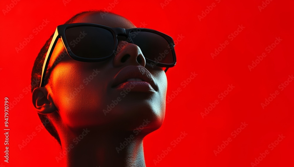 Person Wearing Sunglasses with Dramatic Red Lighting on Face
