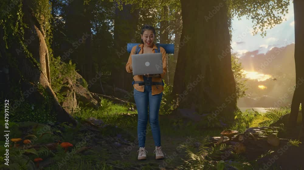 Full Body Of Asian Female Hiker With Mountaineering Backpack Looking At A Laptop And Saying Wow While Exploring Forest Nature Full Body Of Asian Female Hiker With Mountaineering Backpack Looking At A Laptop And Saying Wow While Exploring Forest Nature