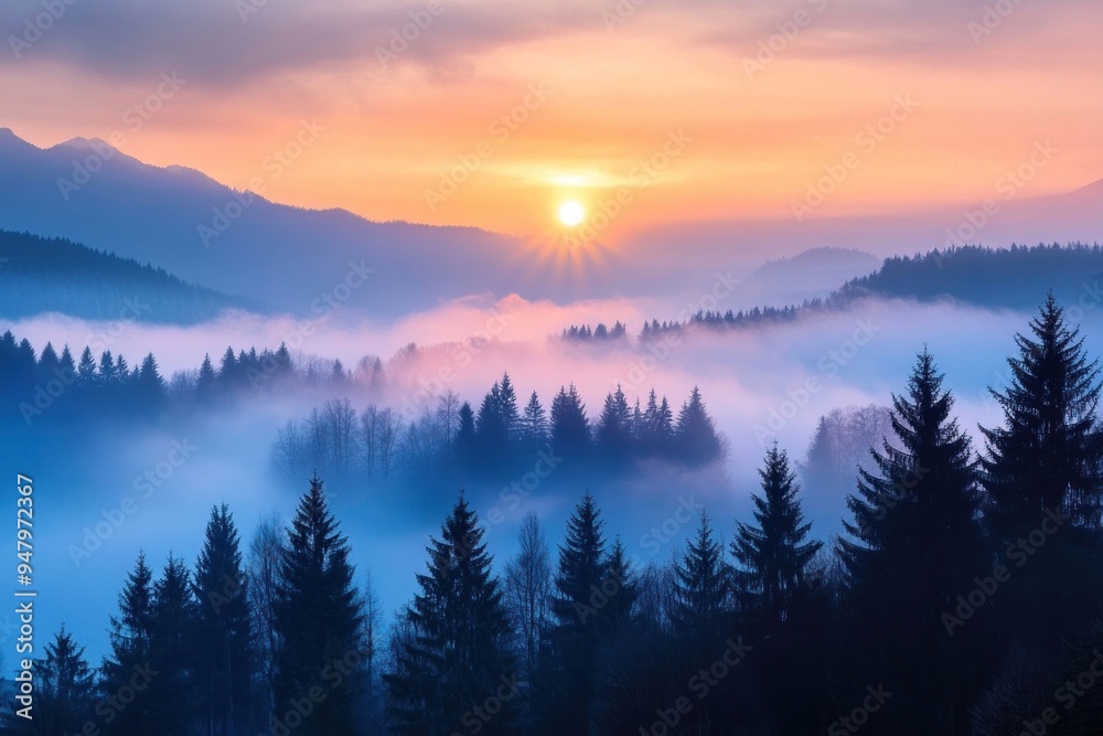 Obraz premium Serene misty mountain sunrise