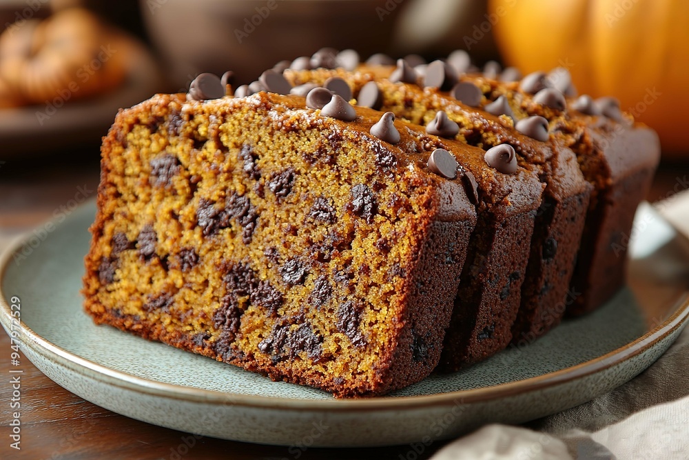 A slice of chocolate chip banana bread is on a plate A slice of chocolate chip banana bread is on a plate