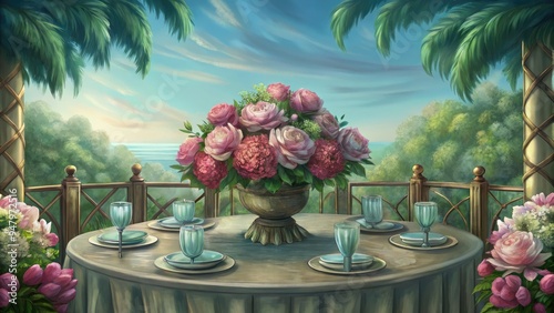 Elegant garden table set with floral centerpiece.