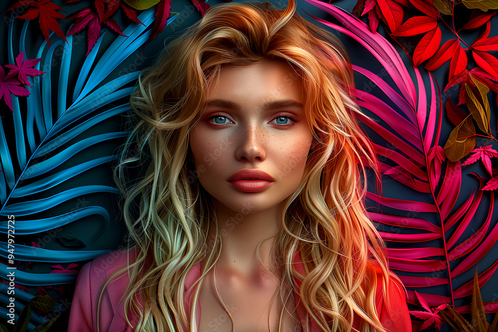 A woman with long blonde hair is standing in front of a colorful background. The background features a variety of leaves and flowers, creating a vibrant and lively atmosphere