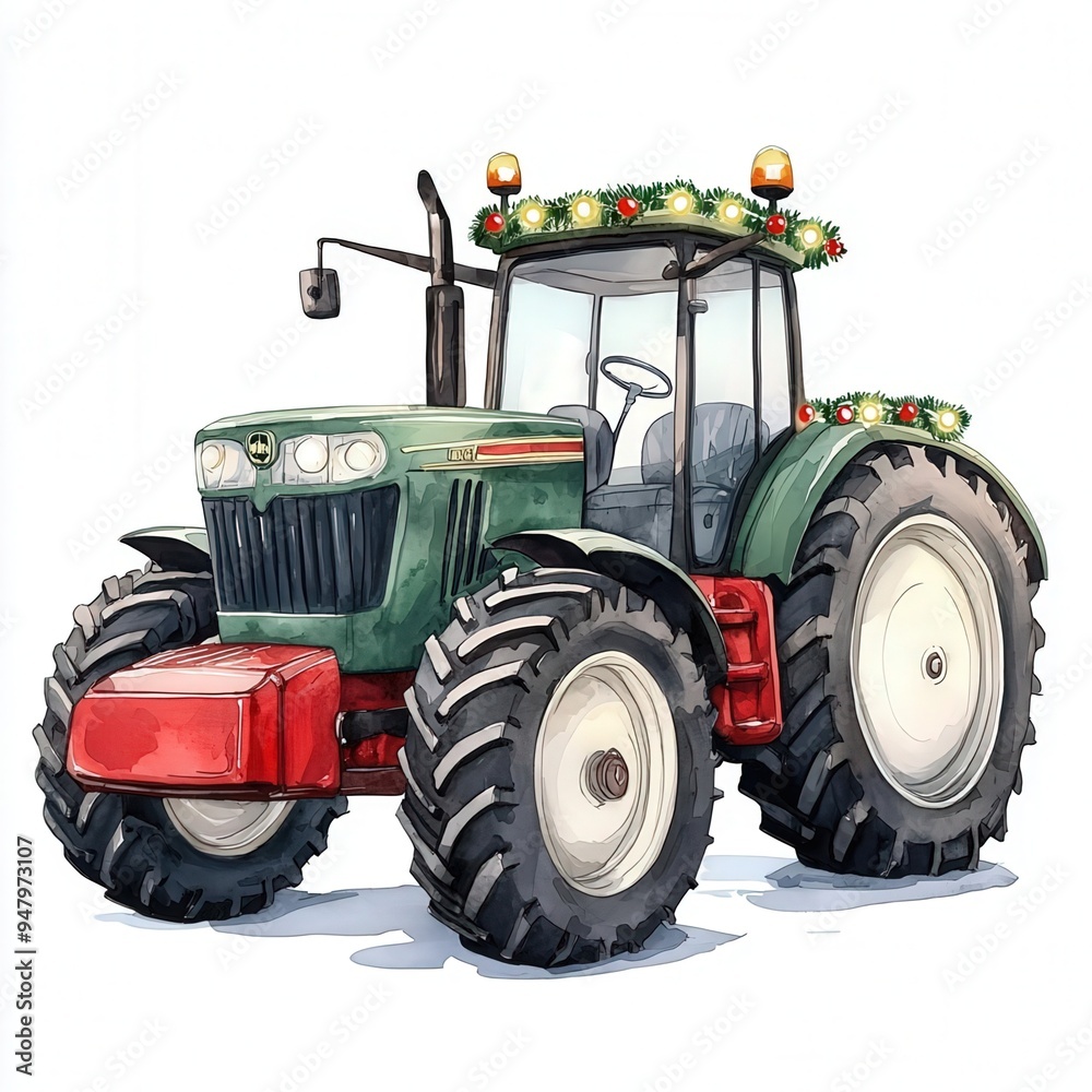 Obraz premium A vibrant illustration of a decorated tractor, showcasing its agricultural charm and vibrant colors in a rural setting.