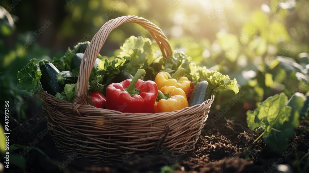 Sunlit garden basket with fresh vegetables, including bell peppers and leafy greens, soft shadows and natural earthy tones. Harvesting