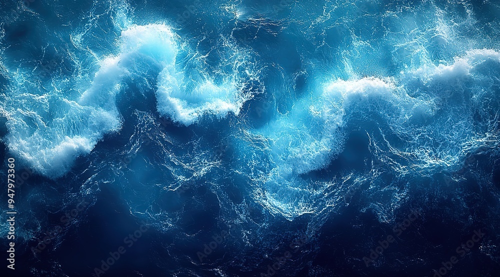 The image is of a large wave in the ocean, with the water appearing to be blue The image is of a large wave in the ocean, with the water appearing to be blue