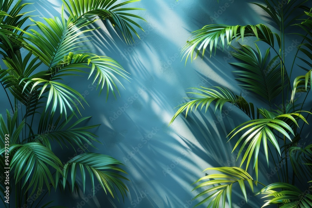 Blurred shadow from palm leaves on the light blue wall. Minimal abstract background for product presentation. Generative AI Blurred shadow from palm leaves on the light blue wall. Minimal abstract background for product presentation. Generative AI