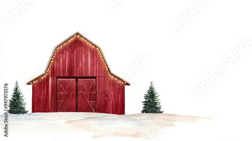 A charming red barn adorned with lights, surrounded by snow and evergreen trees, perfect for winter-themed designs.
