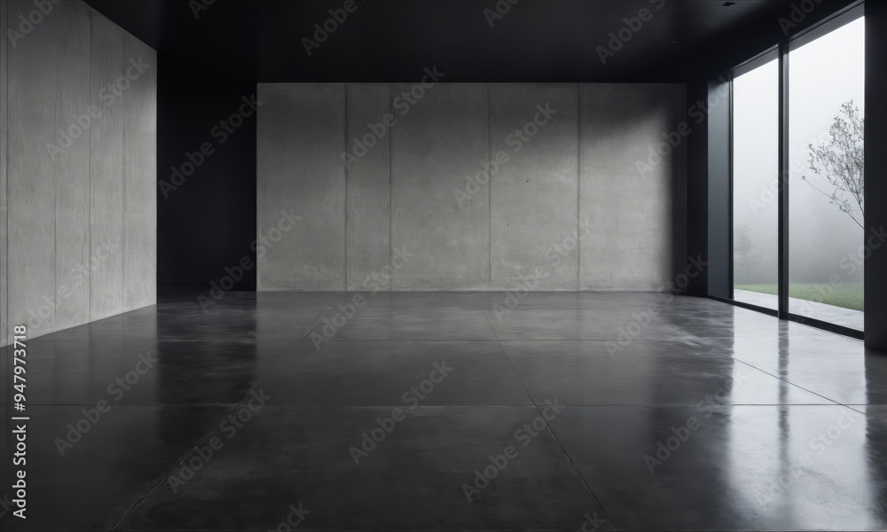 Empty room with large window and concrete walls