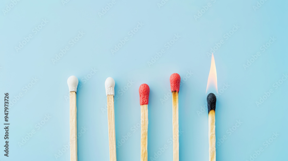 Group of different matches, some burning, pastel blue background, leadership, idea generation, teamwork. Generative AI Group of different matches, some burning, pastel blue background, leadership, idea generation, teamwork. Generative AI
