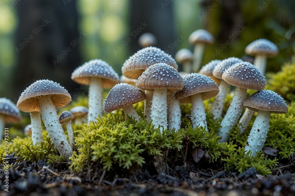 Fototapeta premium Close-up of mushrooms in a natural forest setting, highlighting organic growth and nature’s biodiversity.