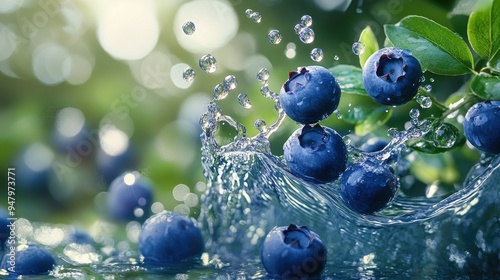 Blueberry falling water splash mockup, depth of field, green background photo