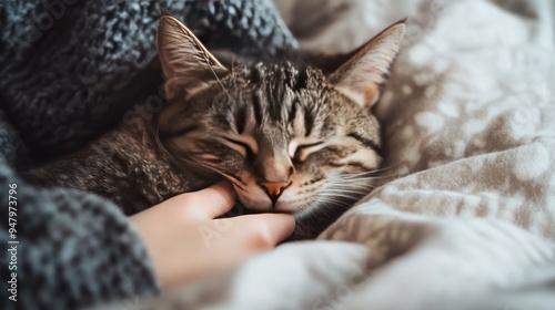 A Tabby Cat Napping on a Bed with a Human Hand Gently Touching Its Fur photo