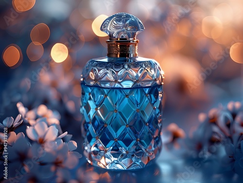 One bottle of perfume, Perfume, blue, light color, Center composition, best quality, High quality, realistic photo