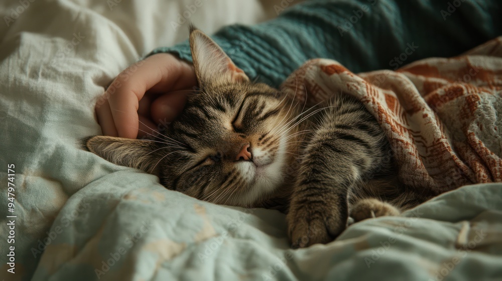 A Tabby Cat Napping Comfortably in a Bed A Tabby Cat Napping Comfortably in a Bed