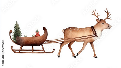 A whimsical reindeer pulling a festive sleigh adorned with Christmas trees and decorations, perfect for holiday themes.