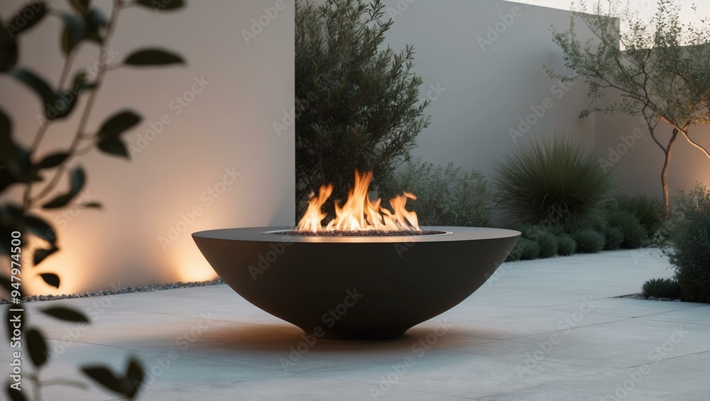 Sleek contemporary fire pit in a serene outdoor setting with soft lighting, creating a relaxing ambiance. Sleek contemporary fire pit in a serene outdoor setting with soft lighting, creating a relaxing ambiance.