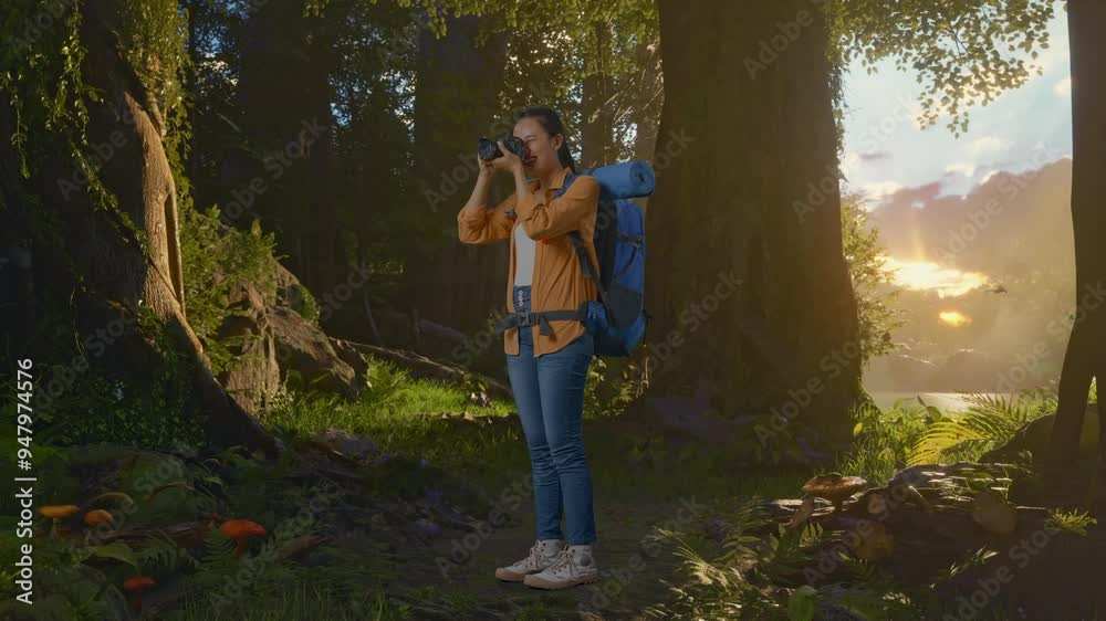Full Body Side View Of Asian Female Hiker With Mountaineering Backpack Using A Camera Taking Picture While Exploring Forest Nature Full Body Side View Of Asian Female Hiker With Mountaineering Backpack Using A Camera Taking Picture While Exploring Forest Nature