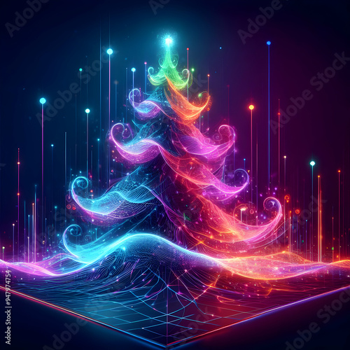 Futuristic Christmas Tree Background, Abstract Neon Colors, New Year