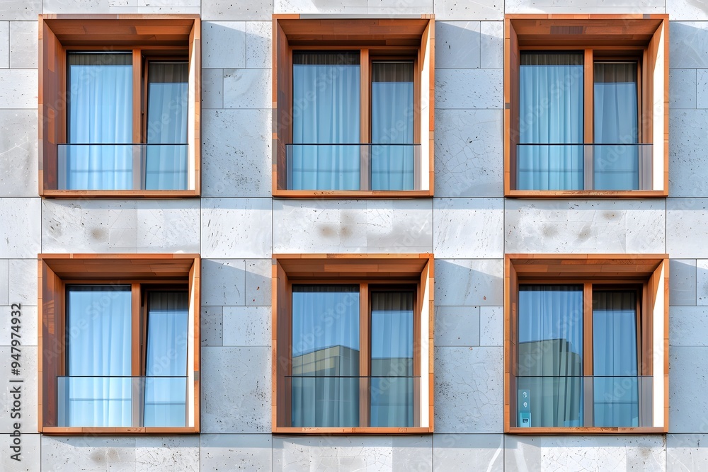 Fototapeta premium Modern Architectural Design Featuring Symmetrical Windows with Wooden Frames