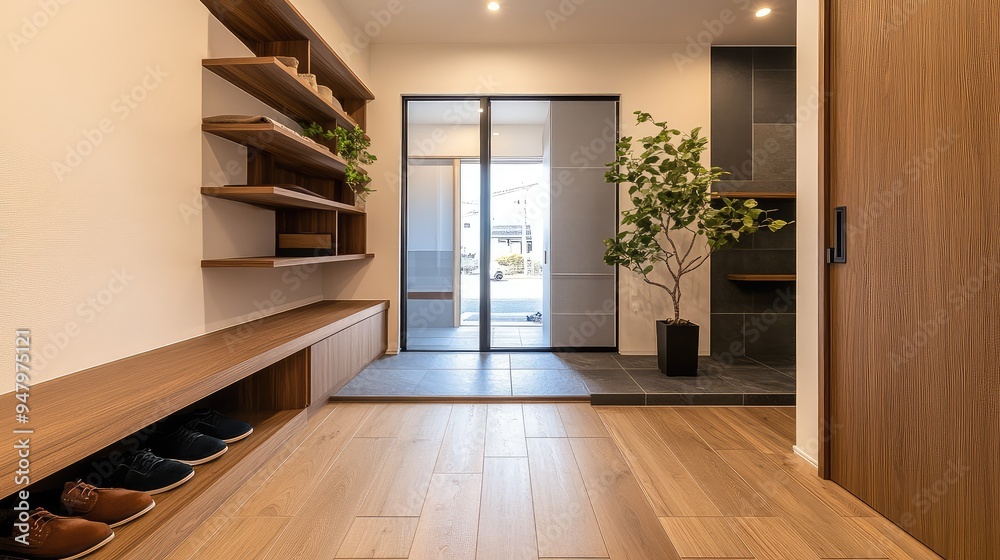 Interior of a Tokyo apartment entrance hallway, with minimalist shoe storage, and clean, modern lines. Interior of a Tokyo apartment entrance hallway, with minimalist shoe storage, and clean, modern lines.