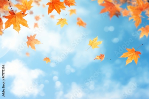 Autumn leaves falling blue sky