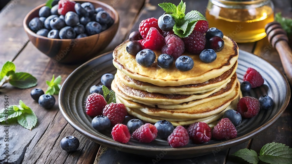Homemade American Pancakes With Fresh Blueberry