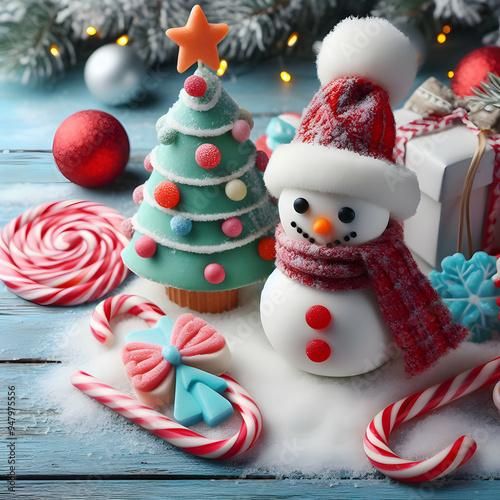 Snowman and Christmas Tree Made of Sugar Candies and Lollipops