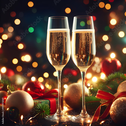Two Glasses of Champagne Set Against a Festive Background