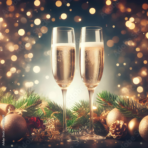 Two Glasses of Champagne Set, Festive Background