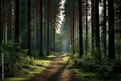 Serene forest path with sunlight