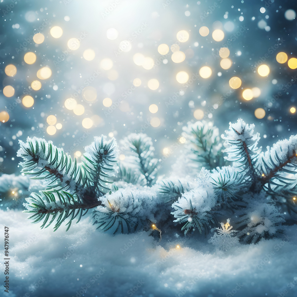 Winter Background Image of Frosted Spruce Branches and Small Drifts