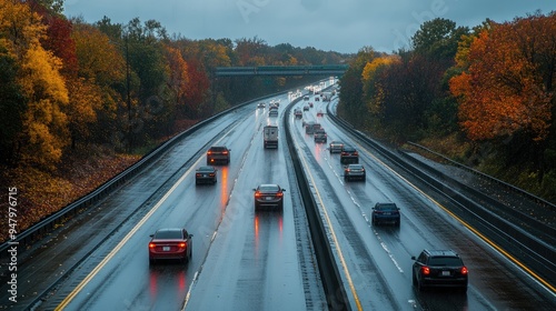 Cars on the expressway on a gloomy autumn 