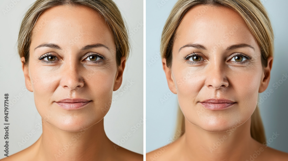 Side-by-side portrait comparison of a woman with slight variations in lighting and expression, showcasing different facial features and skin textures. Side-by-side portrait comparison of a woman with slight variations in lighting and expression, showcasing different facial features and skin textures.
