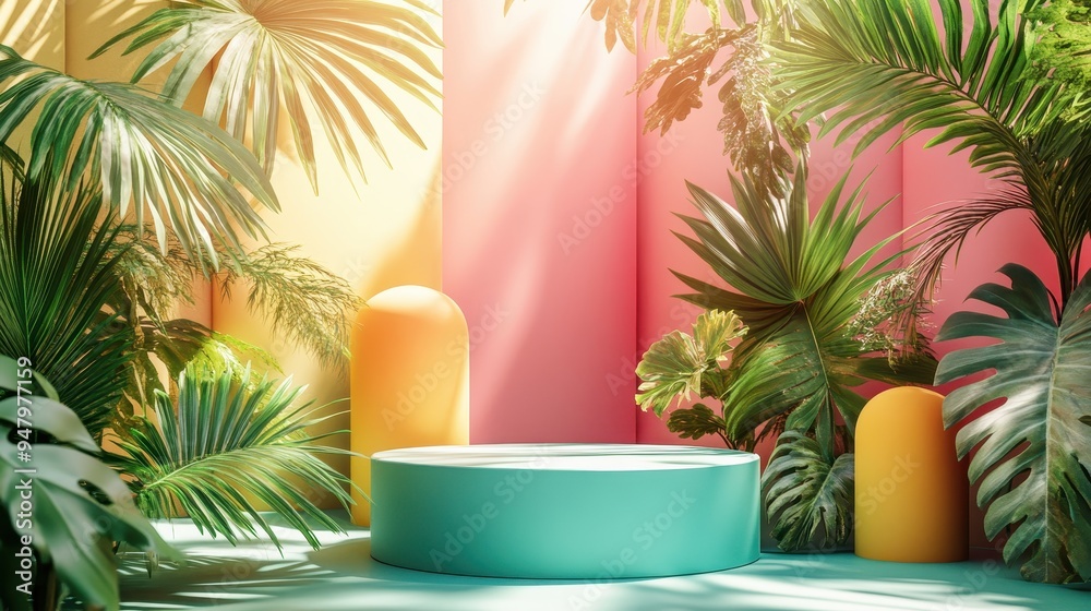 Fototapeta premium Vibrant Tropical Background with Greenery and Colorful Geometric Shapes in Sunlit Setting