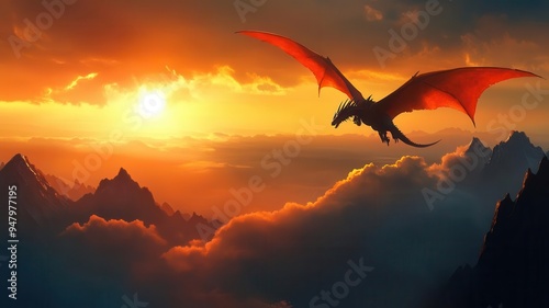 Majestic dragon soaring over snow-capped mountains, epic anime background, mythical adventure photo