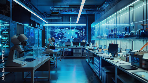 high-tech laboratory focused on AI research, with advanced machinery and digital displays.