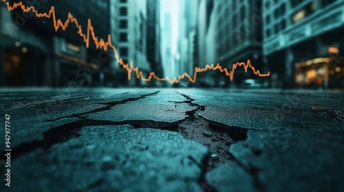 Cracked city streets with stock market chart symbolizing financial collapse