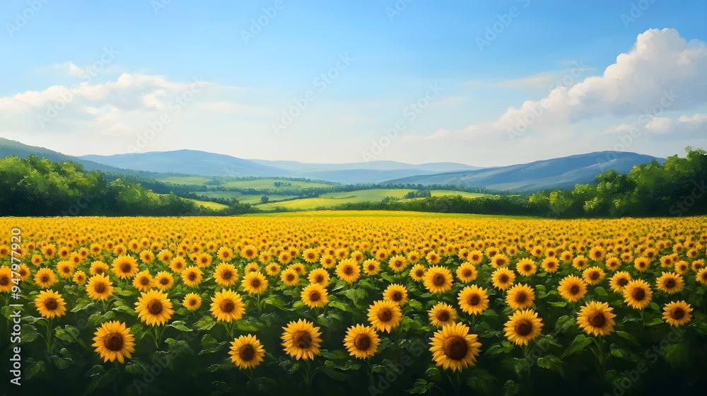 Fototapeta premium A sunflower field painted with lively strokes, bright and bold oil colors, thick textures, natural scene under a clear sky, traditional art style, hand-crafted detail