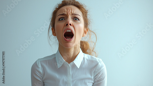 An female office worker shouting, showing anger and frustration, isolated on a white background photo