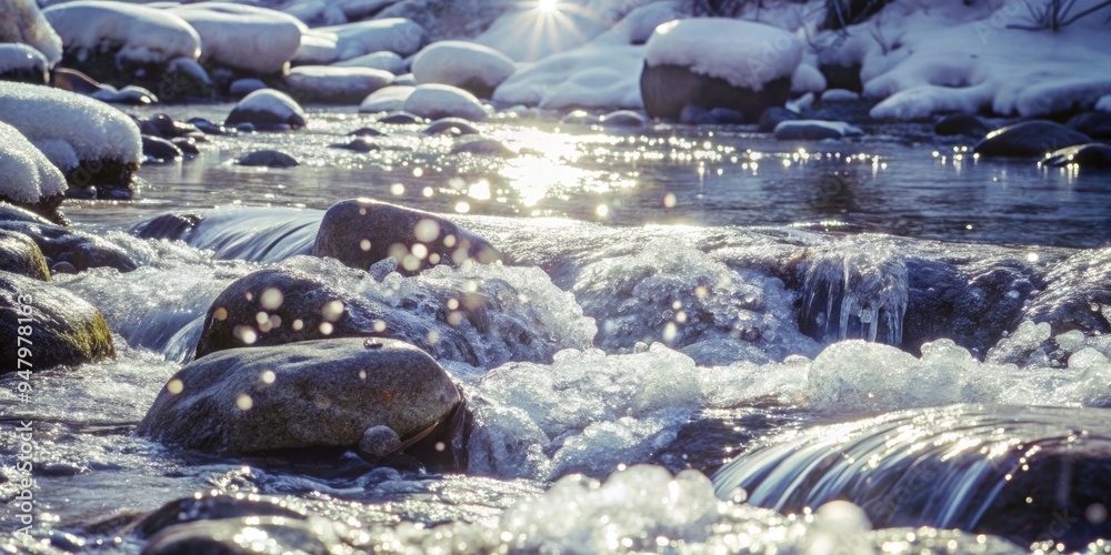 Fototapeta premium Sunlit pebbles glistening in a flowing stream.
