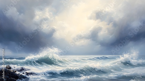 A stormy coastline, waves smashing against jagged rocks under swirling dark clouds, bold oil painting with thick brushwork, emphasizing texture and depth, hand-painted technique