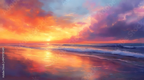 Sunset over calm beach, sky aflame with color, soft wave patterns, oil on canvas style, delicate brushstrokes