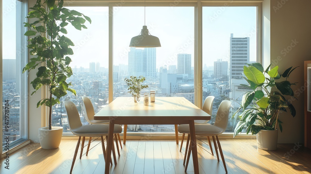 Fototapeta premium A bright Tokyo apartment dining area with a minimalist wooden table, designer chairs, and large windows offering a city view.