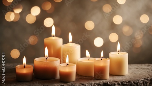 A collection of lit candles casting a warm glow with a dreamy golden bokeh background, creating a serene ambiance.