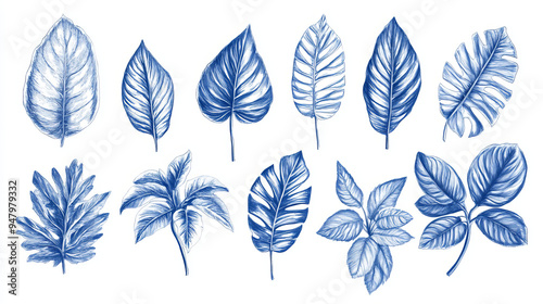 blue ballpoint pen drawing of a various species of leaves --ar 16:9 --v 6.1 Job ID: 76a48dc7-3457-48bd-b911-c0ae4a3260dd