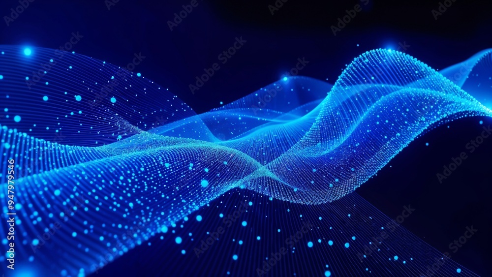 Fototapeta premium Blue digital particles forming wave-like structures, representing data flow and futuristic technology in a cyber-themed design.