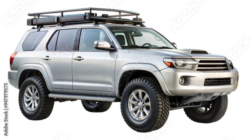 Off-road SUV with roof rack parked outdoors on transparent background